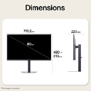 LG 32 in UltraGea™ G6, QHD 200Hz žaidimų monitorius, Žaidimų monitoriaus vaizdas iš priekio ir iš šono, iliustruojantis jo bendruosius matmenis ir profilio dizainą., 32G620B-B, thumbnail 12